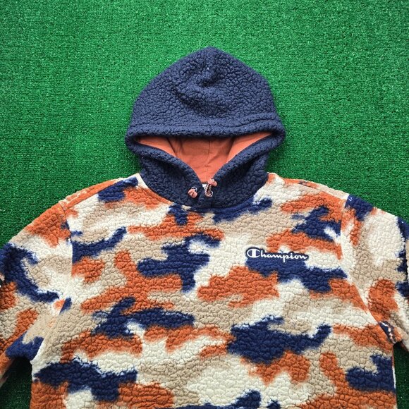 Champion Hoodie Mens Medium Brown Blue Sherpa Camo Fleece Pullover Sweatshirt - Picture 2 of 12